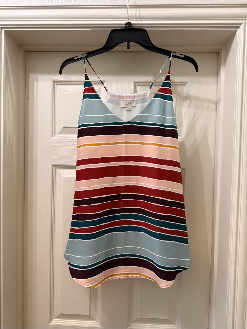 LOFT Striped V-Neck Spaghetti Strap Tank in Teal, Burgundy & Pink